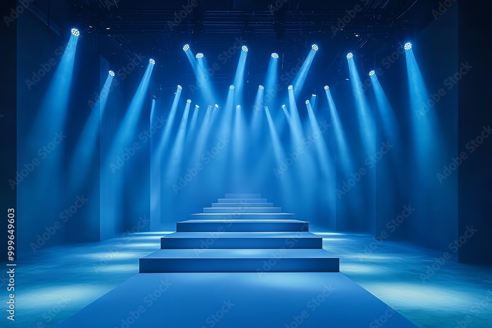 Poster a stage with blue lighting and a set of stairs in the center.