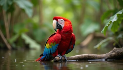  Parrots vibrant colors contrast with serene forest backdrop