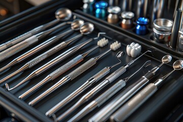 A close-up of a mockup tooth and dental tools on a trolley