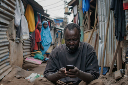 Homeless child kid engaged with technology. Poverty, Technology, African culture, social inequality, digital divide concept. African man male looking at mobile phone in the getto slums