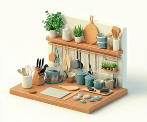 A cozy kitchen setup with utensils, pots, and plants for cooking and meal preparation.