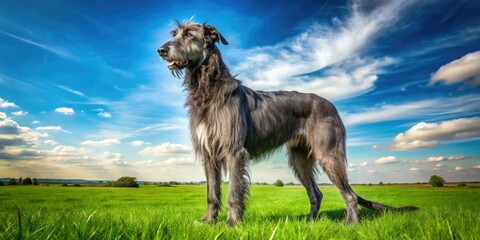 Fototapeta premium In a lush green meadow, a proud black Irish Wolfhound stands tall, basking in the warmth of the sun under a brilliant blue sky.