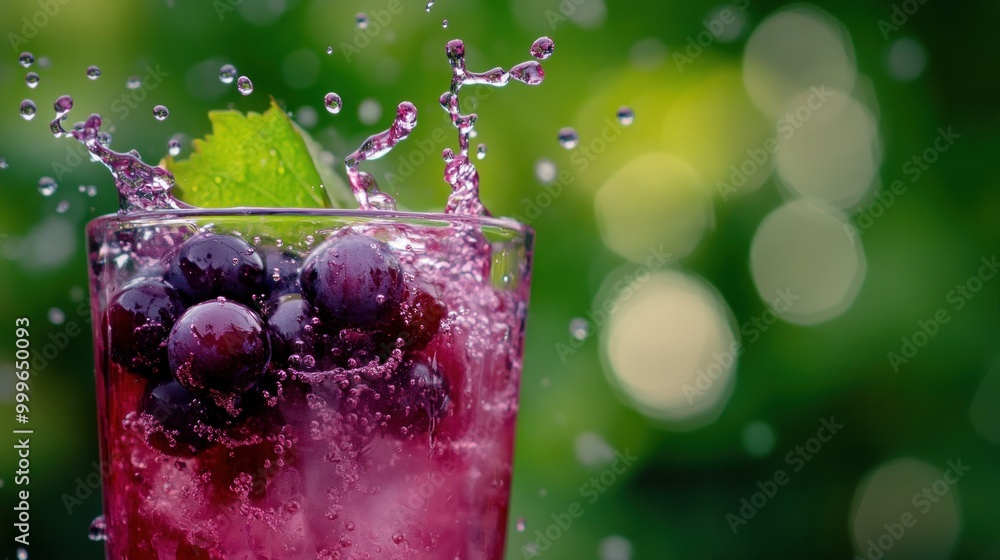 Canvas Prints A refreshing drink with grapes splashing in a glass, set against a blurred green background.