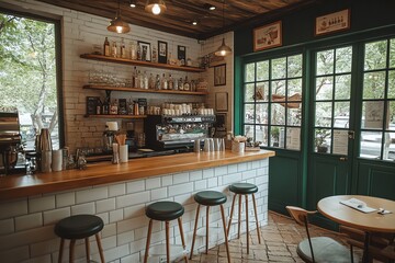 A stylish cafe bar with wooden bar stools and a coffee machine.