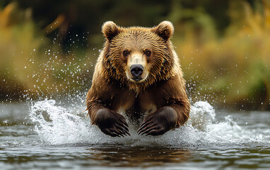 Obraz premium Raging Grizzly Bear: Intense Water Sprint Towards Camera