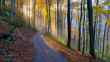 Obraz premium A serene forest path surrounded by autumn foliage and soft morning light.