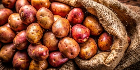 Obraz premium Freshly harvested potatoes spread on a burlap sack, highlighting their rich, earthy tones and natural textures, evoking the essence of farm-fresh produce and rustic charm.