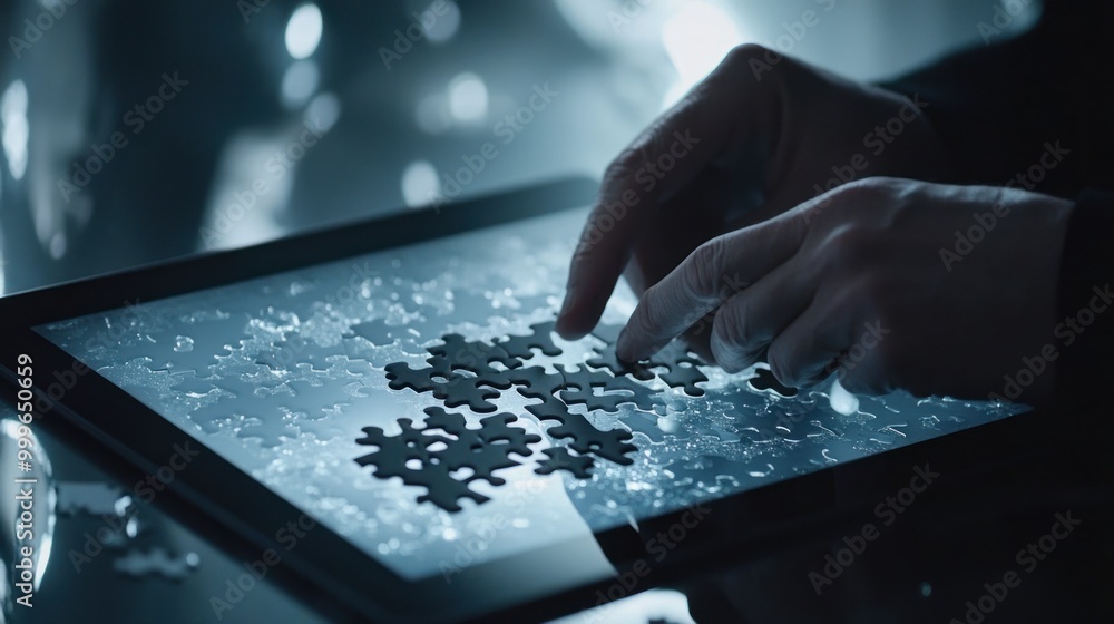 Poster a person assembling a digital puzzle on a touchscreen device.