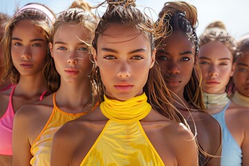 A diverse group of women in athletic wear, promoting body positivity and fitness