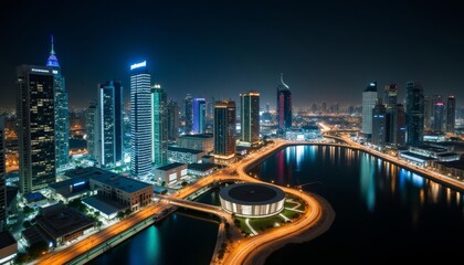 Fototapeta premium Vibrant cityscape at night illuminated by colorful lights and reflections on the water