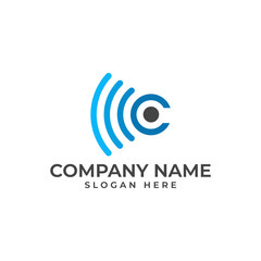 Letter C with the dot in the middle and the wifi signal represent networking and connection in blue color scheme