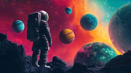 Naklejka premium Astronaut exploring colorful alien planets in a vibrant cosmic landscape.
