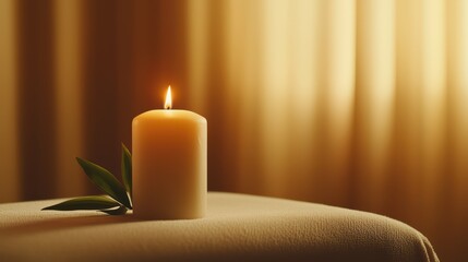 A lit candle with green leaves on a table, creating a warm and calming atmosphere.