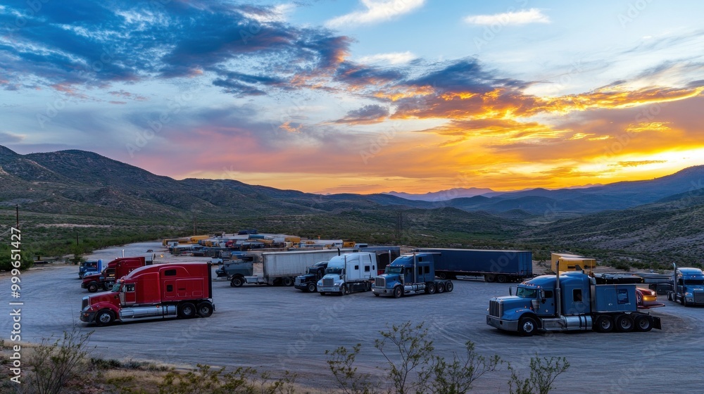 Sticker Trucks parked in a scenic area during sunset, surrounded by mountains and open landscape.