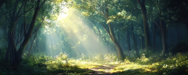 Sunlight streams through the dense canopy of a lush forest, illuminating the path ahead.