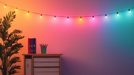 Colorful lights illuminate a stylish workspace with plants and storage.