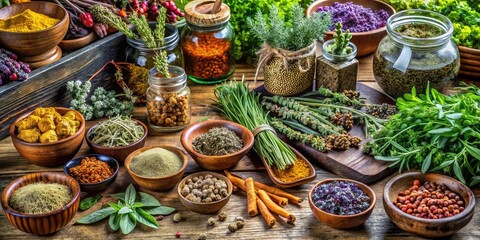 Fototapeta premium Explore our diverse collection of fresh and dried herbs, perfect for enhancing culinary creations and natural remedies in your kitchen. Elevate your cooking today!