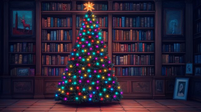 Colorful Christmas tree in cozy room with bookshelves and festive decor.