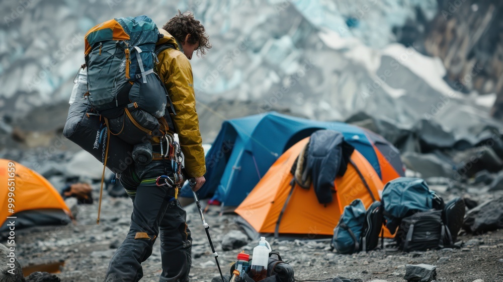 Wall mural Hiker with Backpack by a Glacier