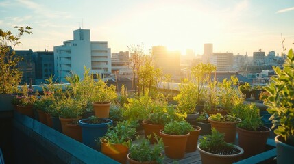 Fototapeta premium A rooftop garden filled with potted plants, bathed in sunlight during sunset.