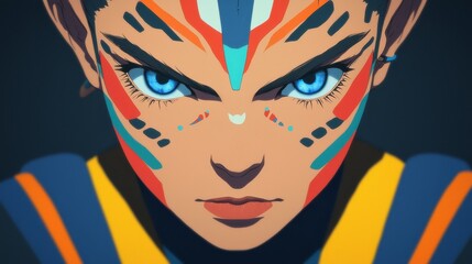 Obraz premium Fierce expression of a warrior with vibrant face paint and striking blue eyes, isolated.