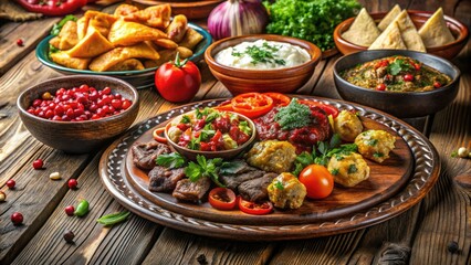Experience the essence of Traditional Tatar cuisine on a rustic wooden table, beautifully displaying an assortment of deliciously presented Tatar dishes for an inviting feast.