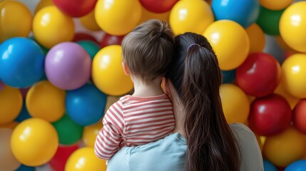 Obraz premium A mother holding her child, both mesmerized by a vibrant display of colorful balloons in the background.