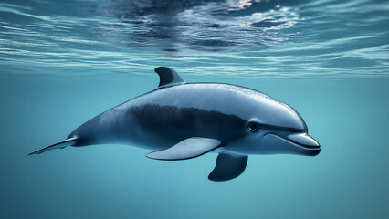 A vaquita swimming gracefully in the clear blue ocean waters.