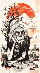  Haunting illustration of a sinister old woman with skeletal features against a red moon, hovering over a desolate village with barren trees and crows, evoking a gothic horror atmosphere