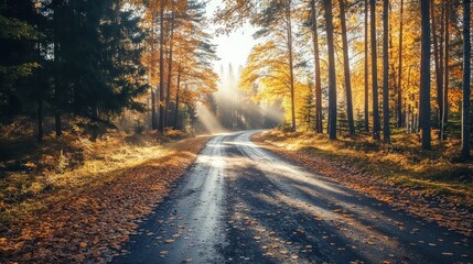 Obraz premium A serene autumn road lined with trees, illuminated by soft sunlight and fallen leaves.