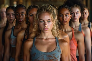 Fototapeta premium A diverse group of women in athletic wear, promoting body positivity and fitness