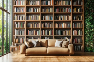 Cozy Living Room Interior with Stylish Furniture and Bookshelf. Modern Design Concept