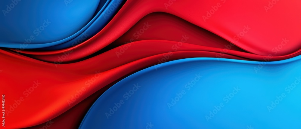 Poster abstract flowing waves of red and blue fabric, smooth and dynamic texture.