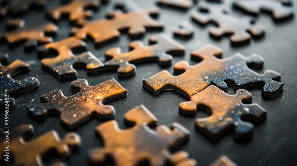 Poster close-up of scattered puzzle pieces with a shimmering finish on a dark surface.