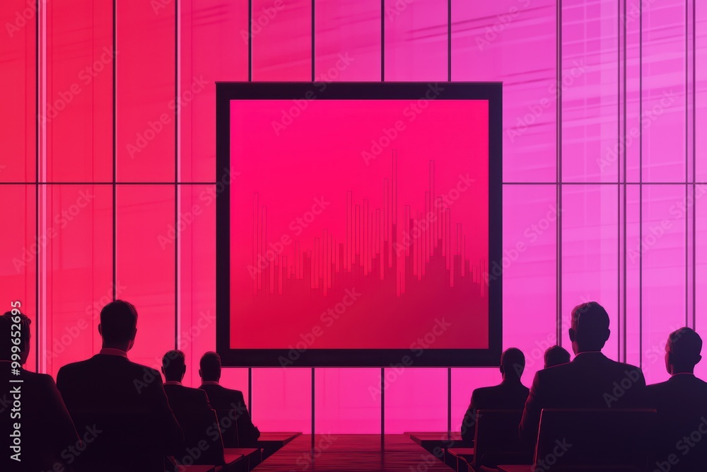 Poster audience watching a presentation with a colorful graph on display in a modern conference room.