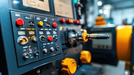 Close-up of industrial control panel with buttons and dials for machinery operation.