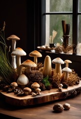 varied arrangement wild mushrooms showcasing diverse colors organic wooden cutting board, fungi, edible, texture, colorful, natural, variety, shape, gourmet