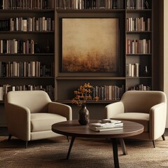 Modern Minimalist Living Room Interior with Stylish Armchairs and Bookshelf Decor