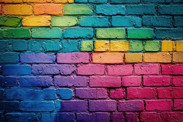 Fototapeta premium Textured rainbow graffiti on a rough brick wall, bold colors blending unevenly