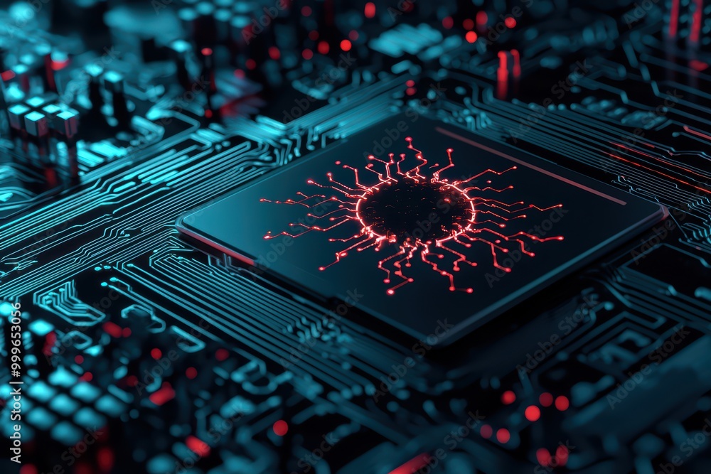 Poster close-up of a circuit board with a glowing processor, representing advanced technology and innovatio