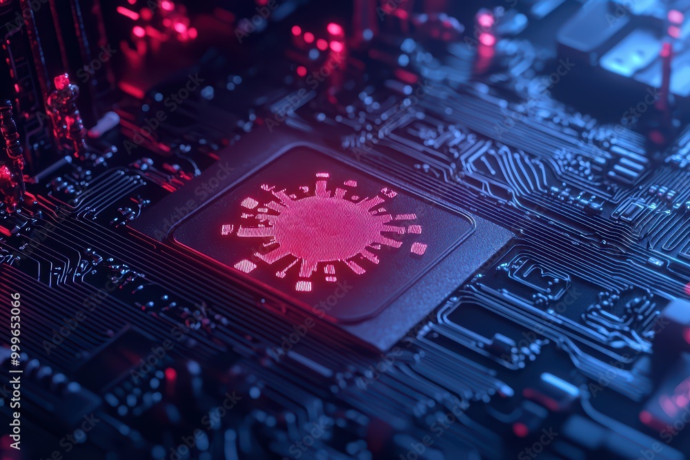 Poster close-up of a computer chip on a printed circuit board, illuminated with red and blue light.