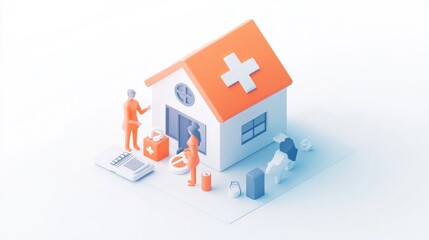 A stylized illustration of a healthcare facility with medical professionals and supplies.