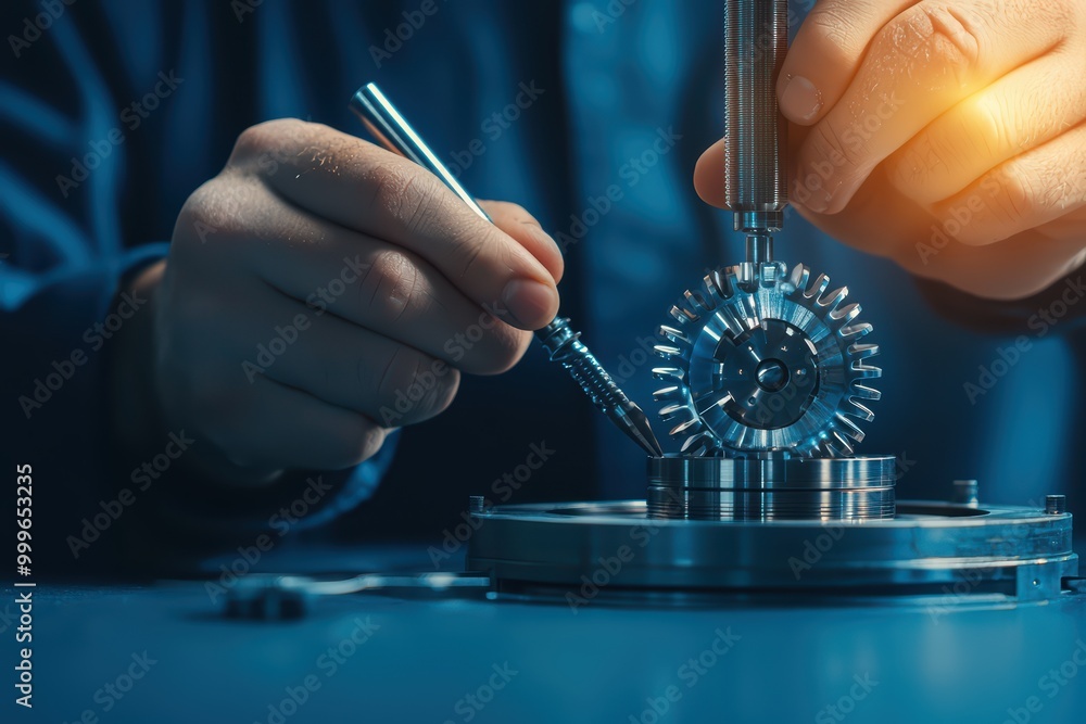 Poster close-up of a technician assembling precision gear components in a workshop.