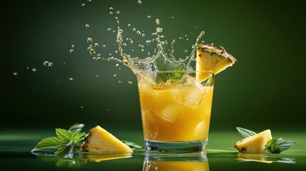 A refreshing cocktail splashes in a glass, surrounded by pineapple and mint leaves.