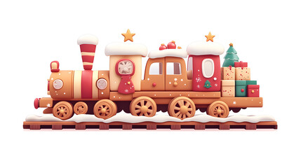 Naklejka premium Festive Christmas gingerbread train cookie decorated with colorful icing isolated on white 