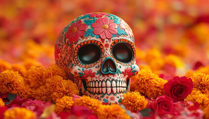 Colorful sugar skull with floral motifs and vibrant hues for Dia de Muertos celebration. Can be used for cultural events, decorations, and traditional Mexican festivities.