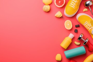 Colorful fitness items, citrus fruits, and sports gear on a vibrant background.