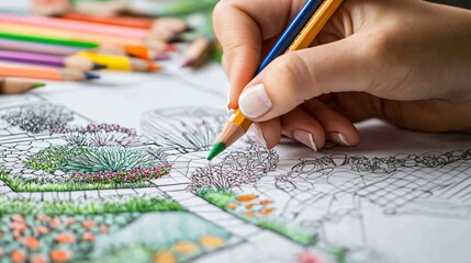 A hand colors a garden design with a green pencil.
