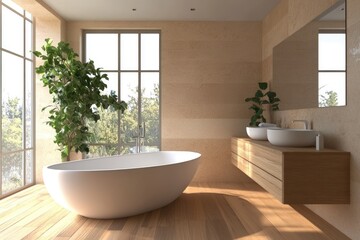 Modern Bathroom Interior Design with Panoramic Window and Stylish Parquet Floor