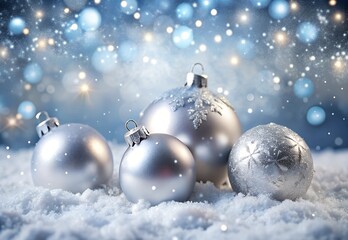  Beautiful silver Christmas balls on a snowy background with festive bokeh lights. Ideal for Christmas decorations, holiday greetings, and winter-themed designs.